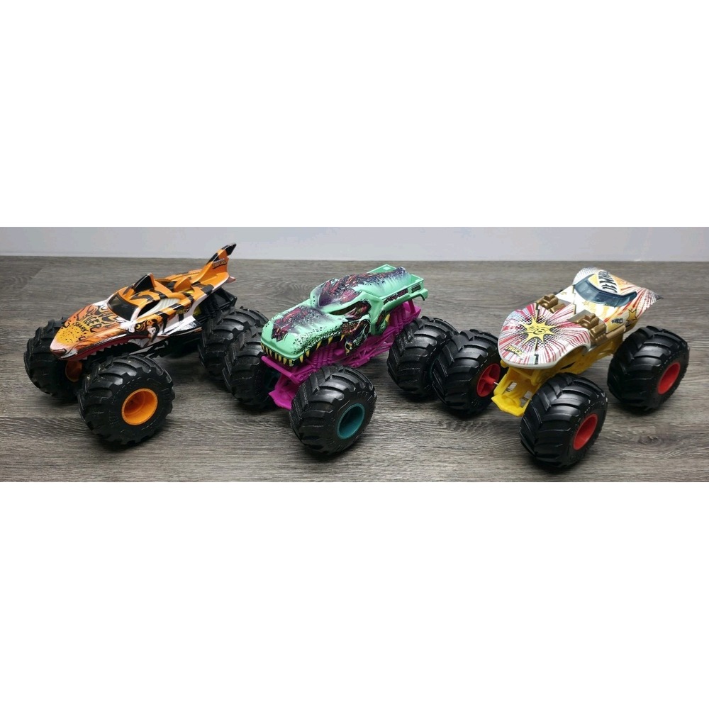 3 Hotwheels Monster Trucks 1:24 Scale - Tiger Shark, Zombie Wrex, Twin Mill
